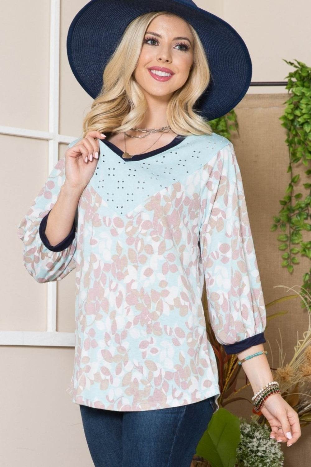 Celeste Full Size Leaf Print Contrast Trim Balloon Sleeve Top - DaTrendStore.Com