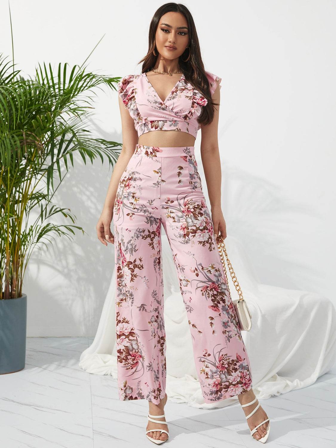 Honey Printed Surplice Cap Sleeve Top and Pants Set - DaTrendStore.Com