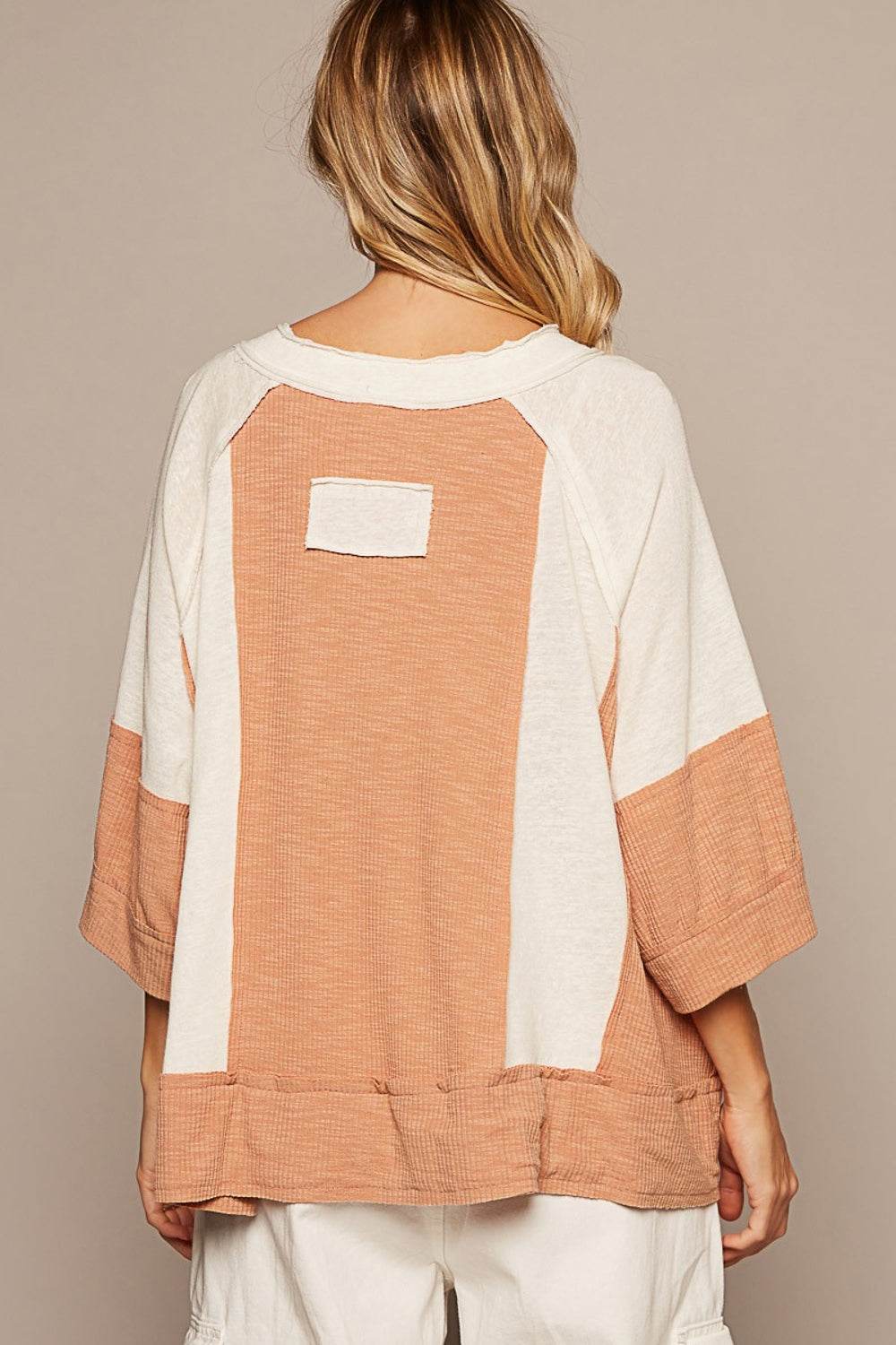 POL Notched Frayed Edge Contrast Top - DaTrendStore.Com