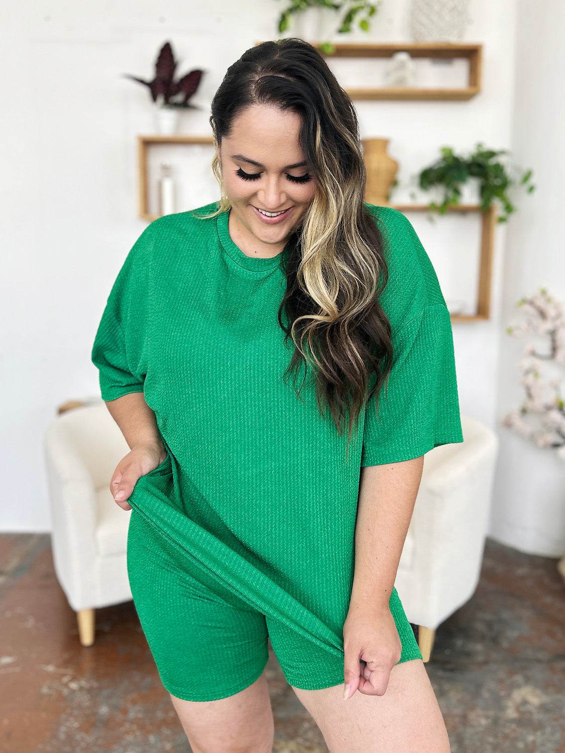 Double Take Full Size Texture Round Neck Drop Shoulder T-Shirt and Shorts Set - DaTrendStore.Com