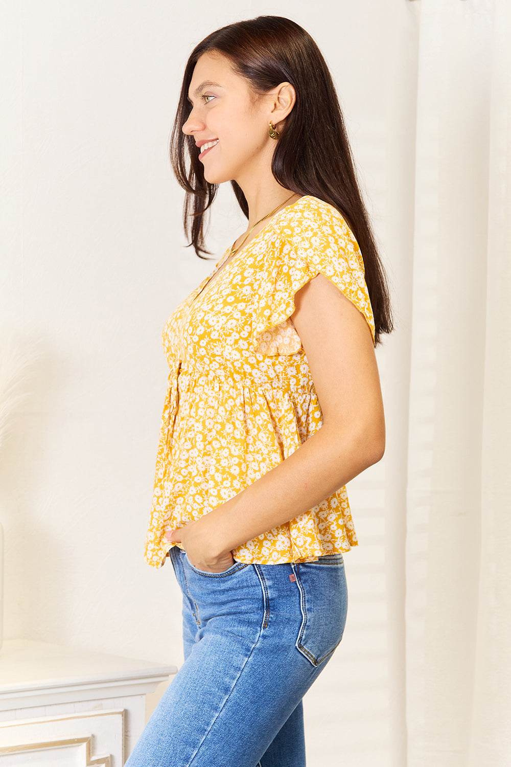 Floral Petal Sleeve Babydoll Top - DaTrendStore.Com