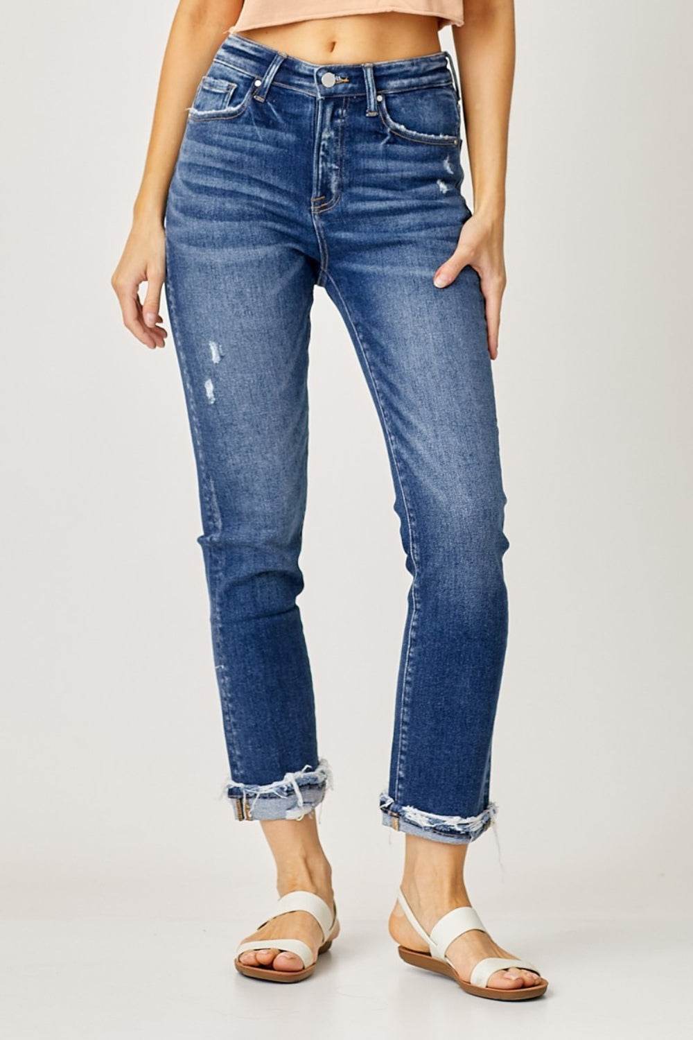 Risen Full Size High-Rise Frayed Cuffed Straight Jeans - DaTrendStore.Com