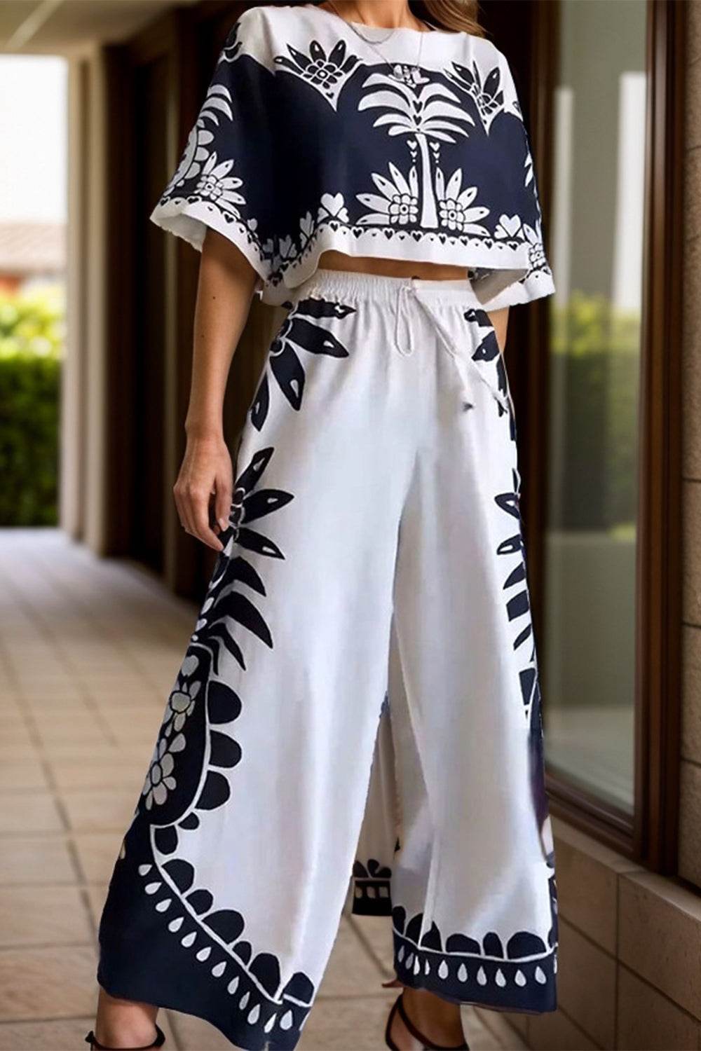 Printed Half Sleeve Top and Wide Leg Pants Set - DaTrendStore.Com