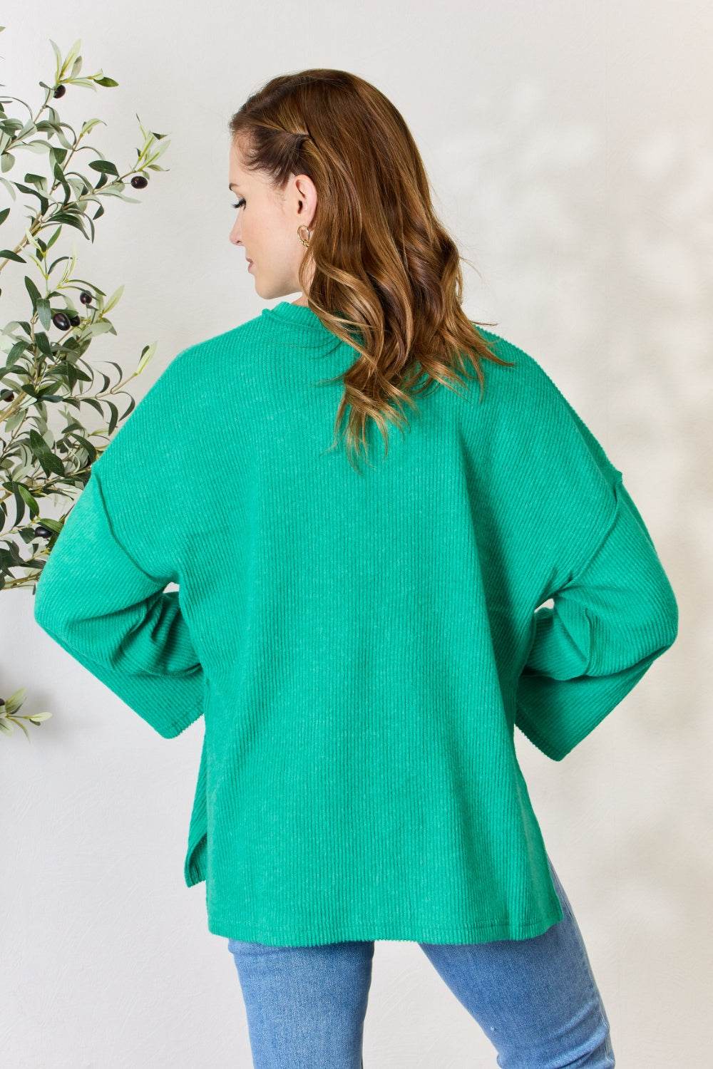 Zenana Full Size Ribbed Half Button Slit Knit Top - DaTrendStore.Com