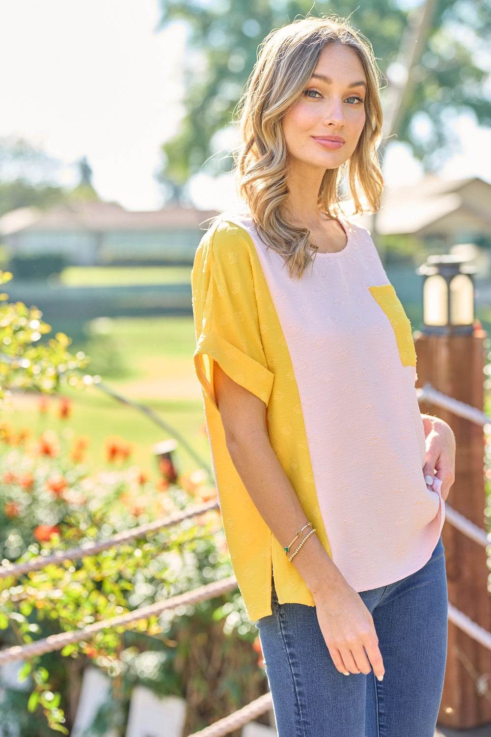 Hailey & Co Full Size Color Block Short Sleeve Top - DaTrendStore.Com