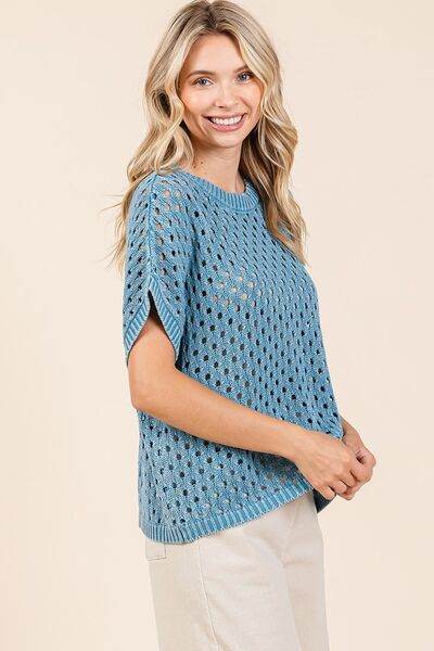 Mittoshop Mineral Wash Openwork Short Sleeve Knit Cover Up - DaTrendStore.Com