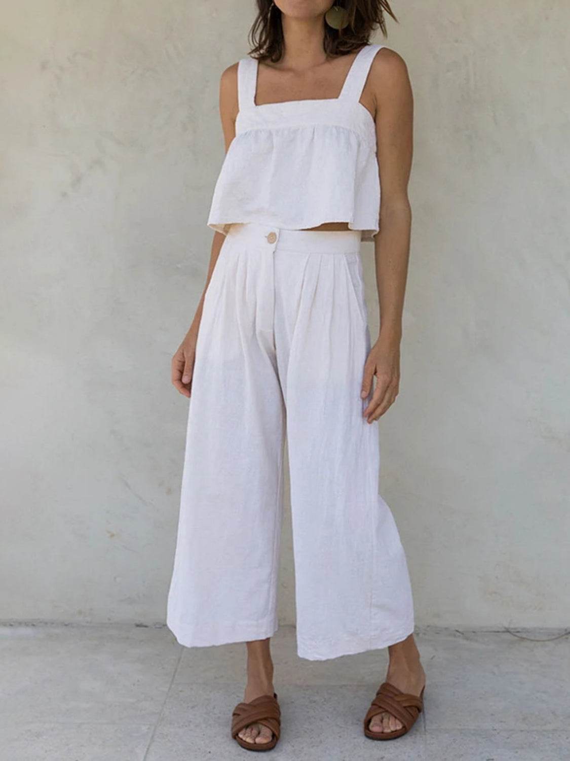 Square Neck Wide Strap Top and Pants Set - DaTrendStore.Com
