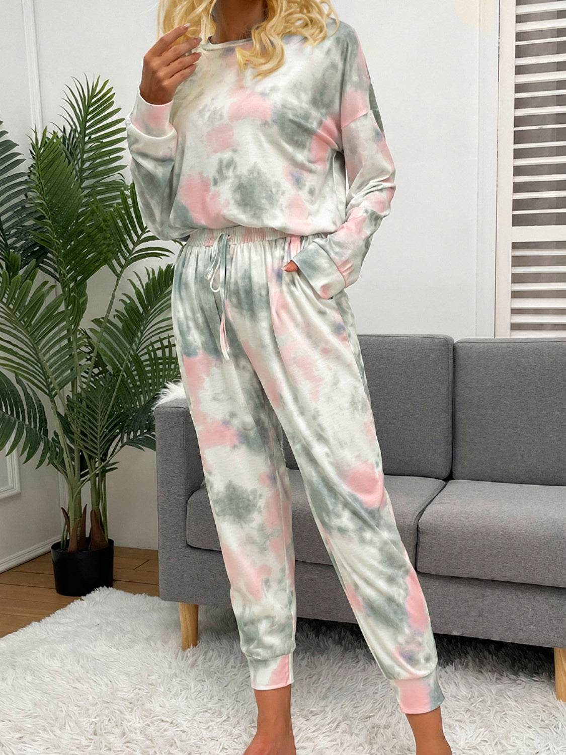 Shiny Tie-Dye Round Neck Top and Drawstring Pants Lounge Set - DaTrendStore.Com
