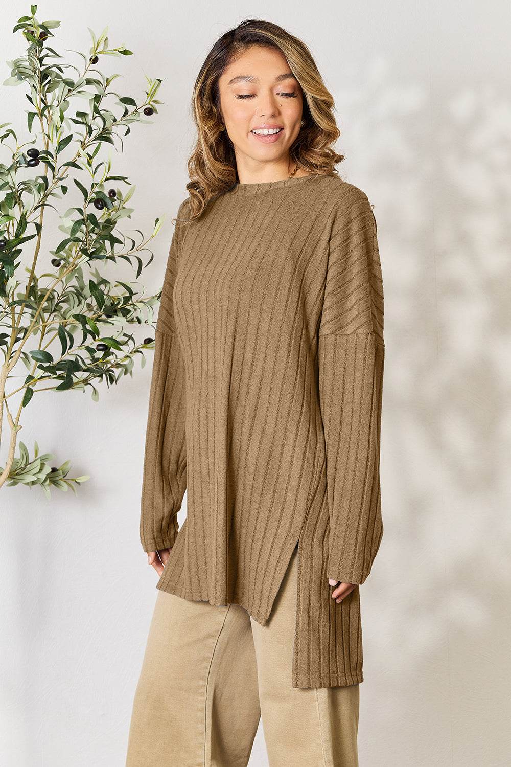 Basic Bae Full Size Ribbed Round Neck Long Sleeve Slit Top - DaTrendStore.Com