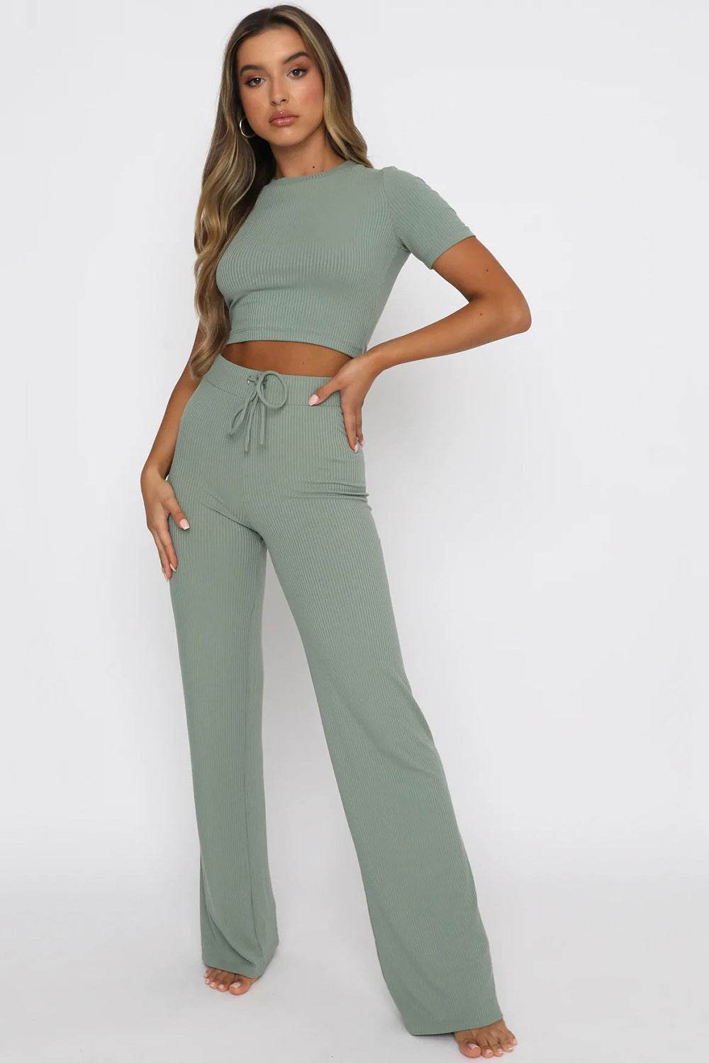Round Neck Short Sleeve Top and Pants Set - DaTrendStore.Com