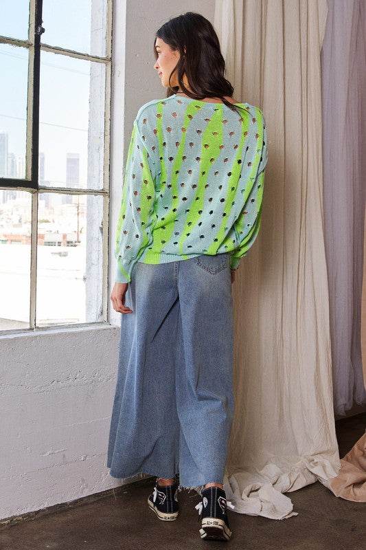 Davi & Dani Two-Tone Ribbed Hem Openwork Knit Top - DaTrendStore.Com
