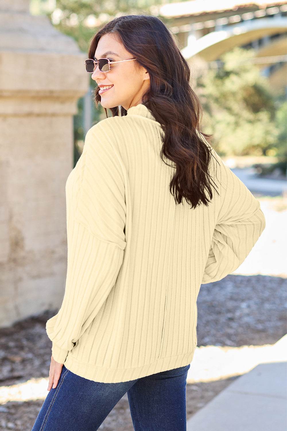 Basic Bae Full Size Ribbed Exposed Seam Mock Neck Knit Top - DaTrendStore.Com