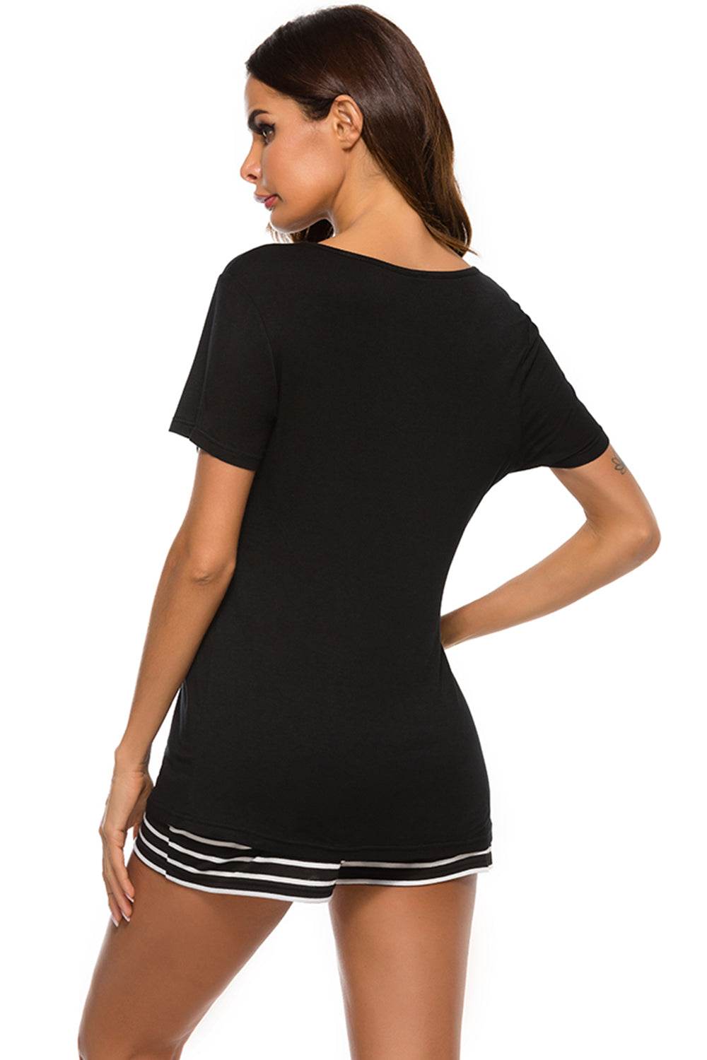 Graphic Round Neck Top and Striped Shorts Lounge Set - DaTrendStore.Com