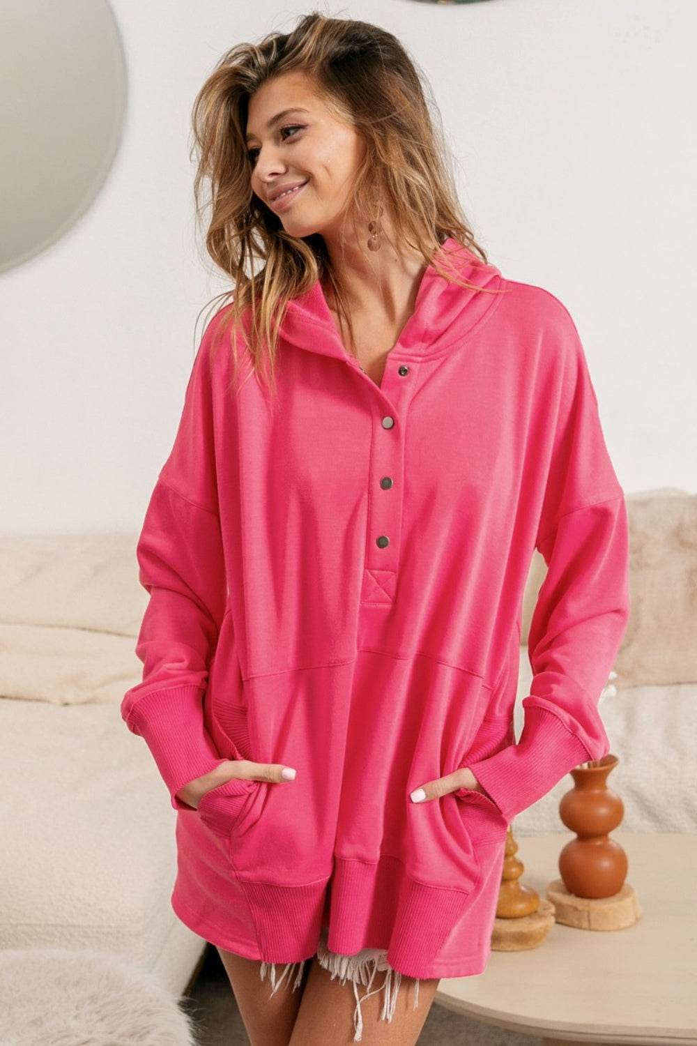 BiBi Half Snap Thumbhole Long Sleeve Hoodie - DaTrendStore.Com
