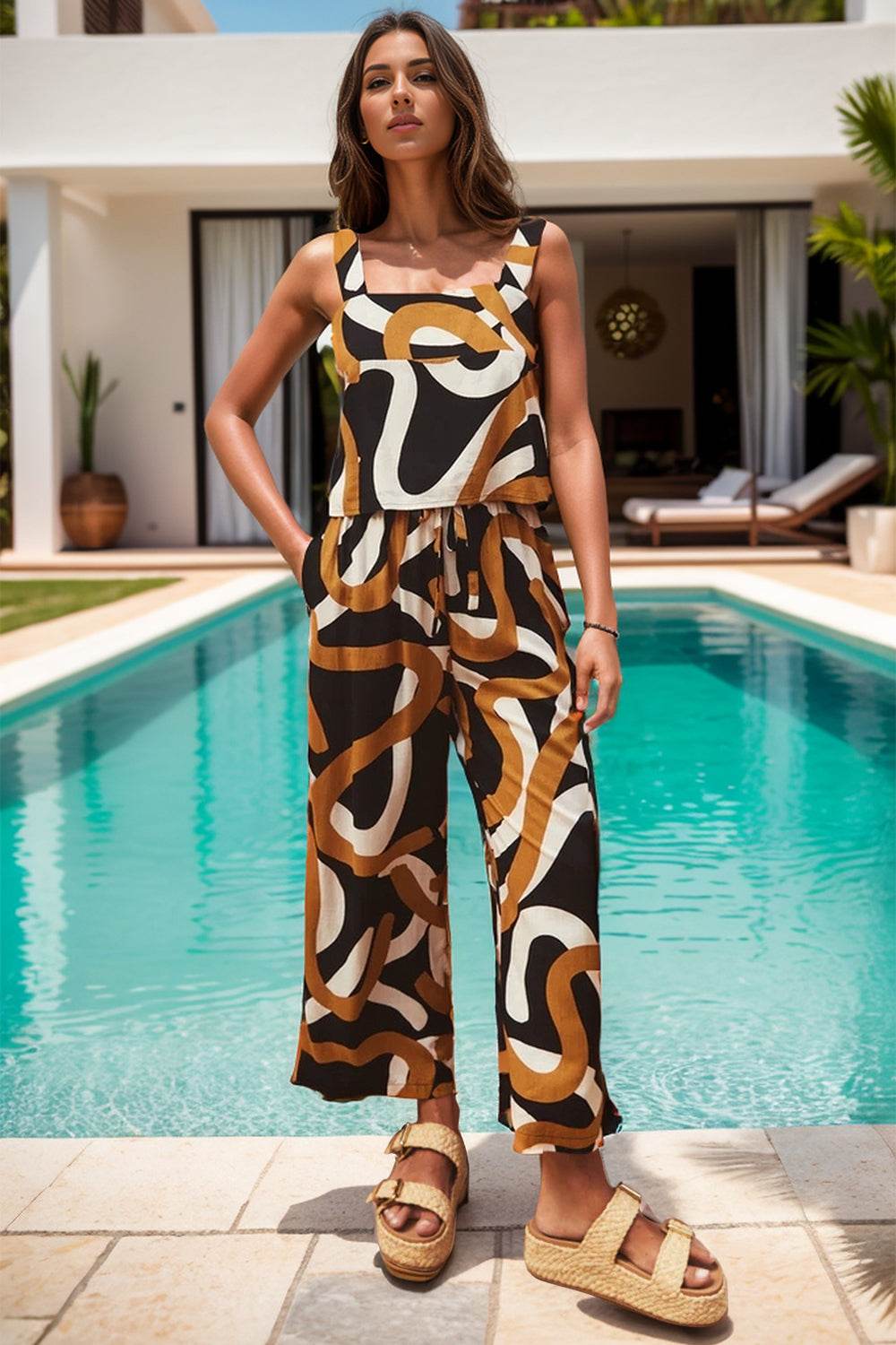 Printed Square Neck Top and Pants Set - DaTrendStore.Com