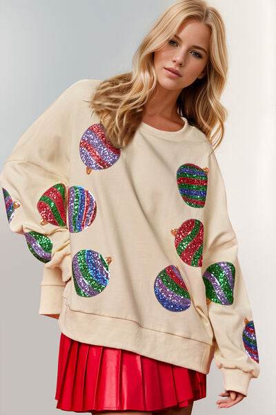 Double Take Christmas Element Sequin Round Neck Long Sleeve Sweatshirt - DaTrendStore.Com