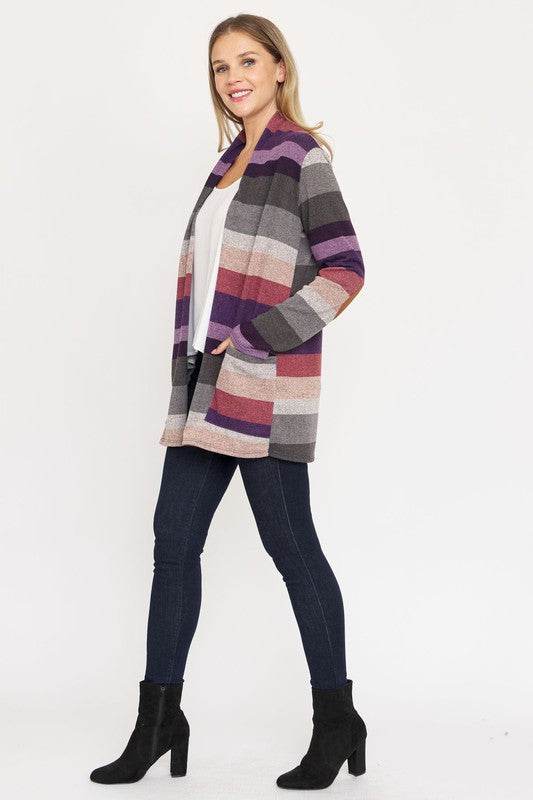 Multi Stripe Elbow Patch Cardigan - DaTrendStore.Com