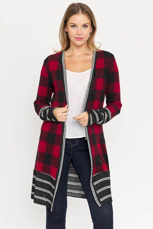 Long Buffalo Plaid Stripe Trim Open Cardigan - DaTrendStore.Com