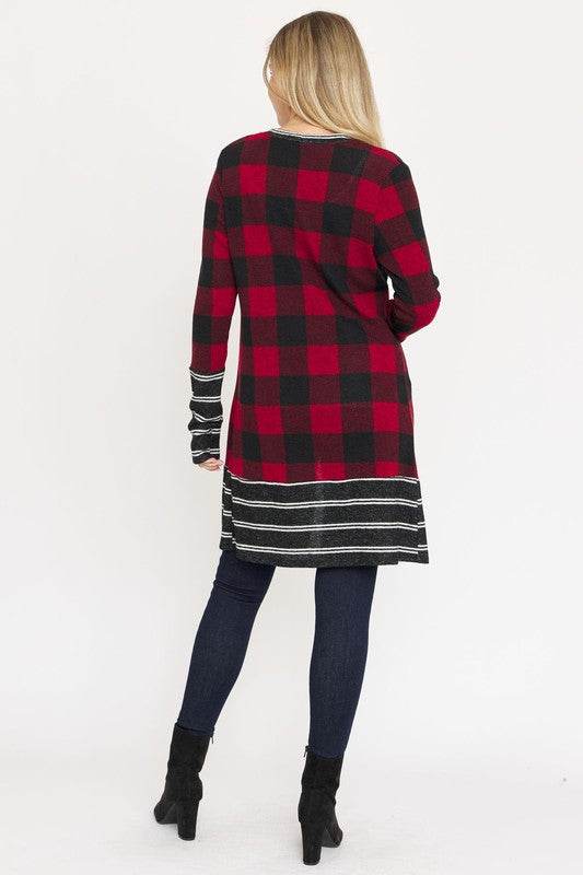 Long Buffalo Plaid Stripe Trim Open Cardigan - DaTrendStore.Com