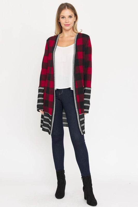 Long Buffalo Plaid Stripe Trim Open Cardigan - DaTrendStore.Com