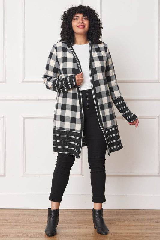 Long Buffalo Plaid Stripe Trim Open Cardigan - DaTrendStore.Com