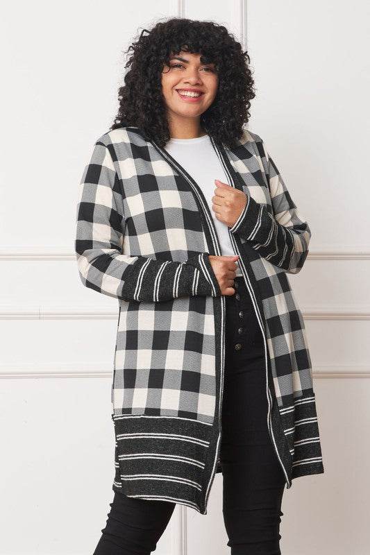 Long Buffalo Plaid Stripe Trim Open Cardigan - DaTrendStore.Com