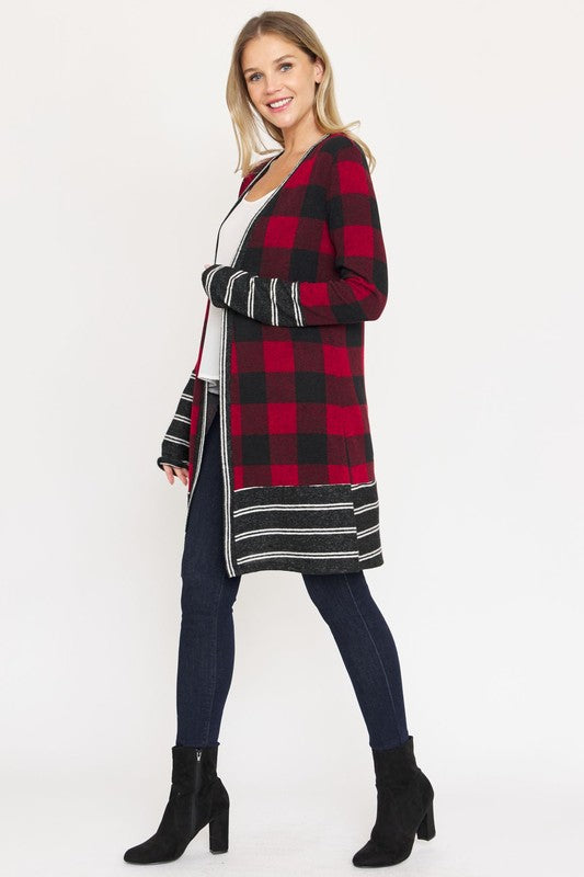 Long Buffalo Plaid Stripe Trim Open Cardigan