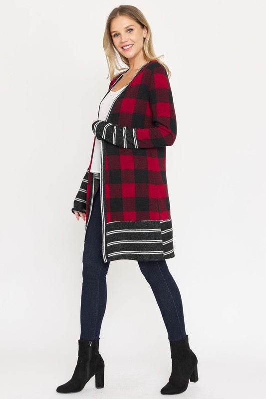 Long Buffalo Plaid Stripe Trim Open Cardigan - DaTrendStore.Com