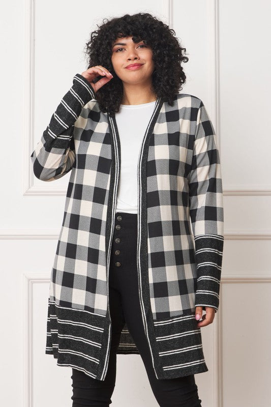 Long Buffalo Plaid Stripe Trim Open Cardigan