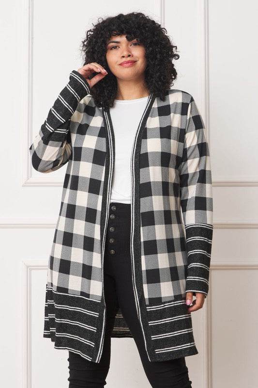 Long Buffalo Plaid Stripe Trim Open Cardigan - DaTrendStore.Com