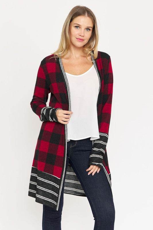Long Buffalo Plaid Stripe Trim Open Cardigan - DaTrendStore.Com