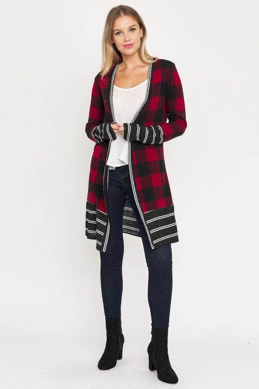 Long Buffalo Plaid Stripe Trim Open Cardigan - DaTrendStore.Com