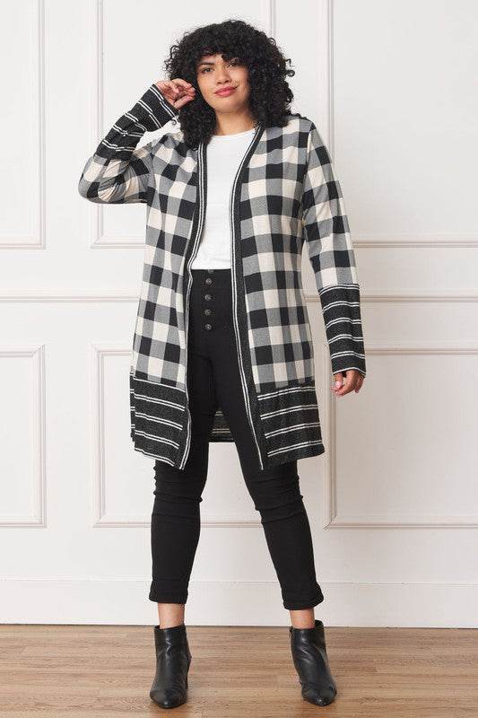 Long Buffalo Plaid Stripe Trim Open Cardigan - DaTrendStore.Com