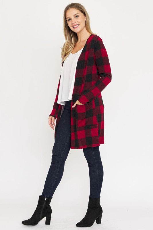 Long Buffalo Plaid Open Cardigan - DaTrendStore.Com