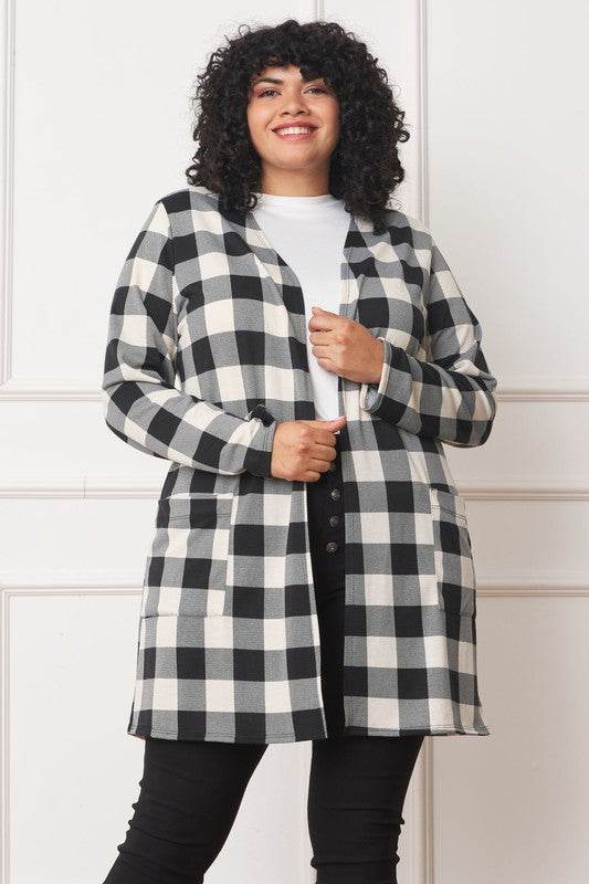 Long Buffalo Plaid Open Cardigan - DaTrendStore.Com