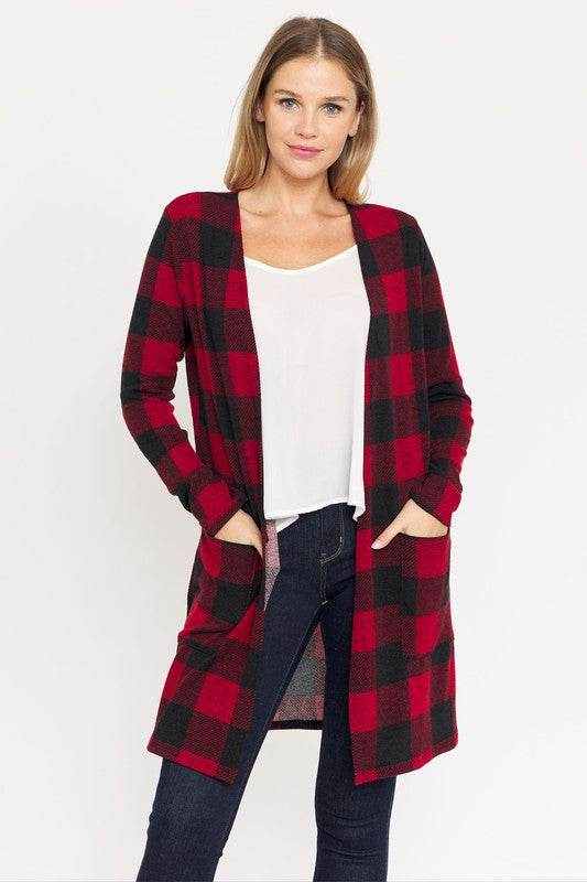 Long Buffalo Plaid Open Cardigan - DaTrendStore.Com
