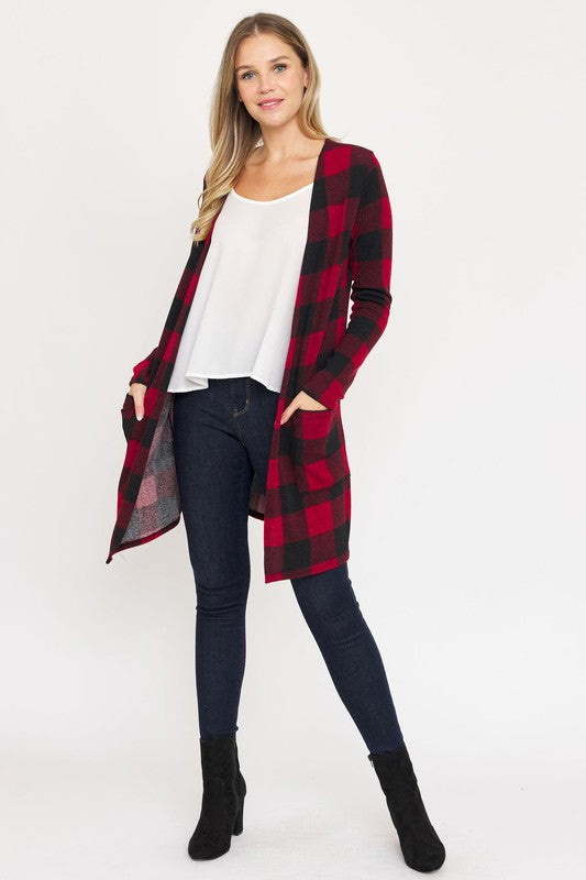 Long Buffalo Plaid Open Cardigan