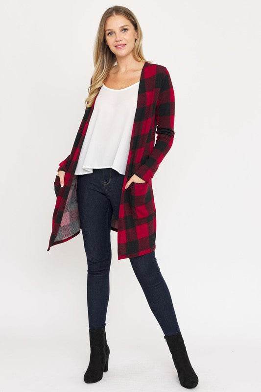 Long Buffalo Plaid Open Cardigan - DaTrendStore.Com