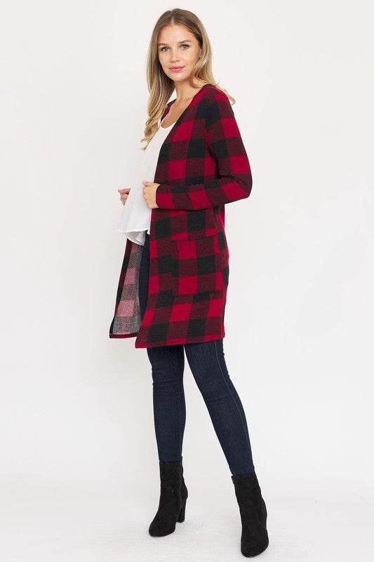 Long Buffalo Plaid Open Cardigan - DaTrendStore.Com