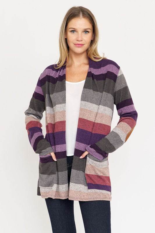 Stripe Elbow Patch Cardigan - DaTrendStore.Com