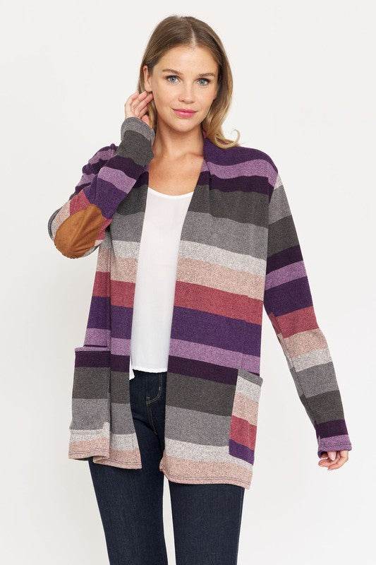 Stripe Elbow Patch Cardigan - DaTrendStore.Com