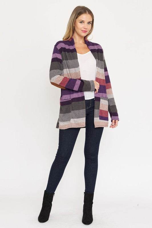 Stripe Elbow Patch Cardigan - DaTrendStore.Com