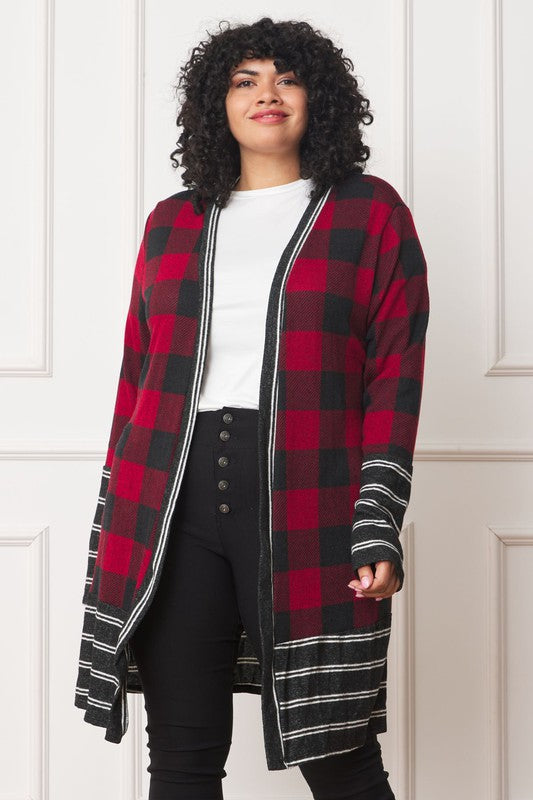 Long Buffalo Plaid Stripe Trim Open Cardigan