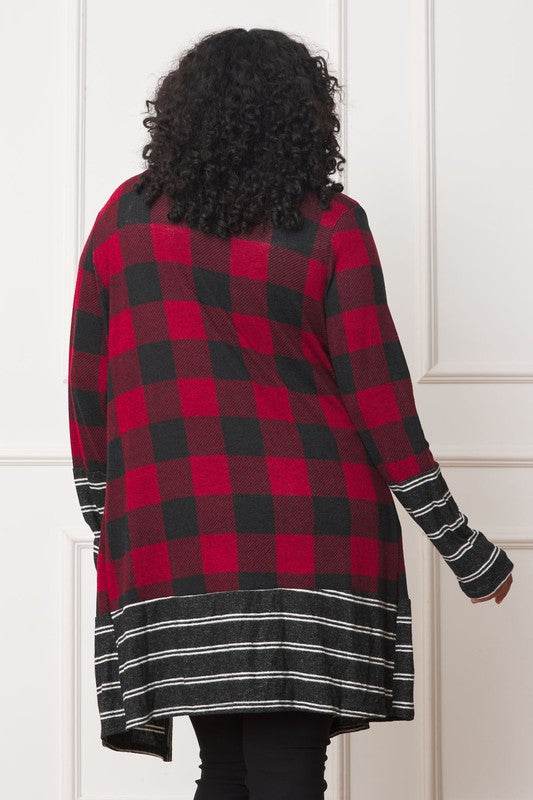 Long Buffalo Plaid Stripe Trim Open Cardigan - DaTrendStore.Com