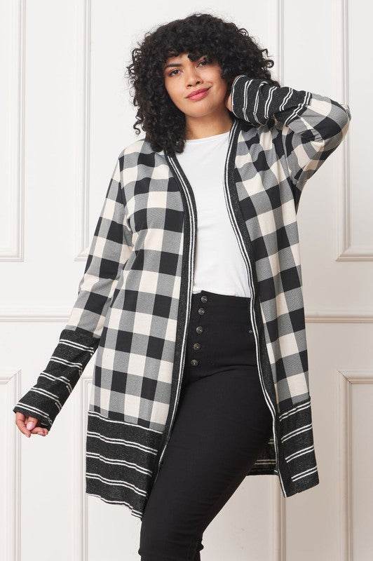 Long Buffalo Plaid Stripe Trim Open Cardigan - DaTrendStore.Com