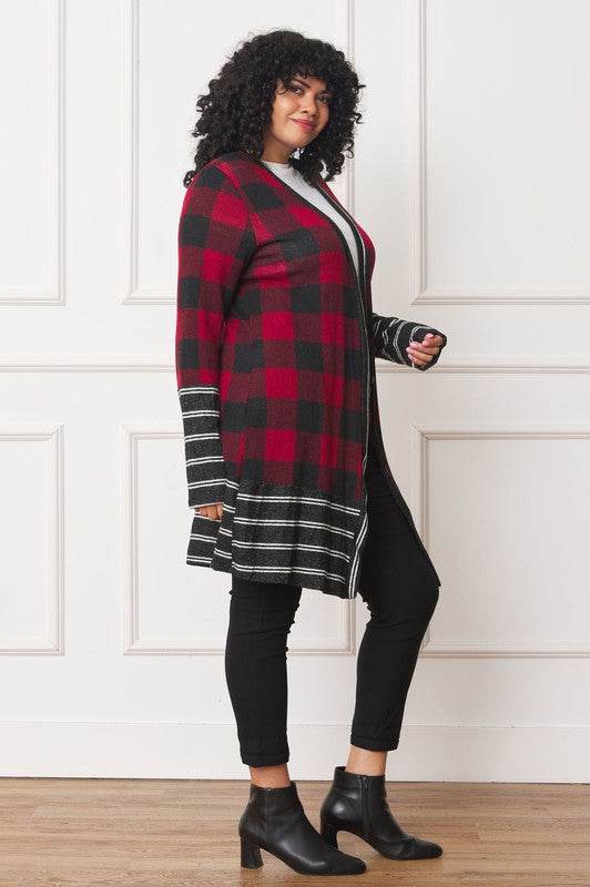 Long Buffalo Plaid Stripe Trim Open Cardigan - DaTrendStore.Com