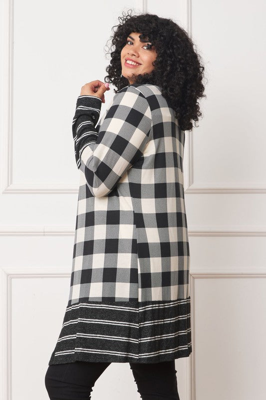 Long Buffalo Plaid Stripe Trim Open Cardigan