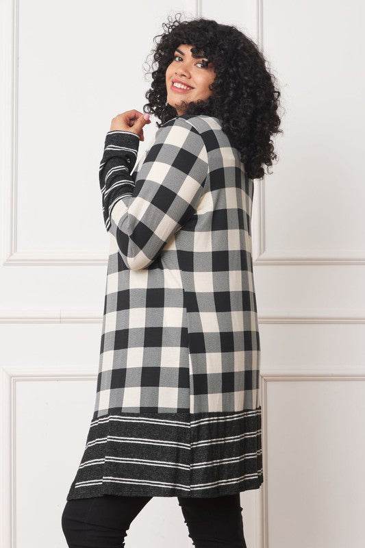 Long Buffalo Plaid Stripe Trim Open Cardigan - DaTrendStore.Com
