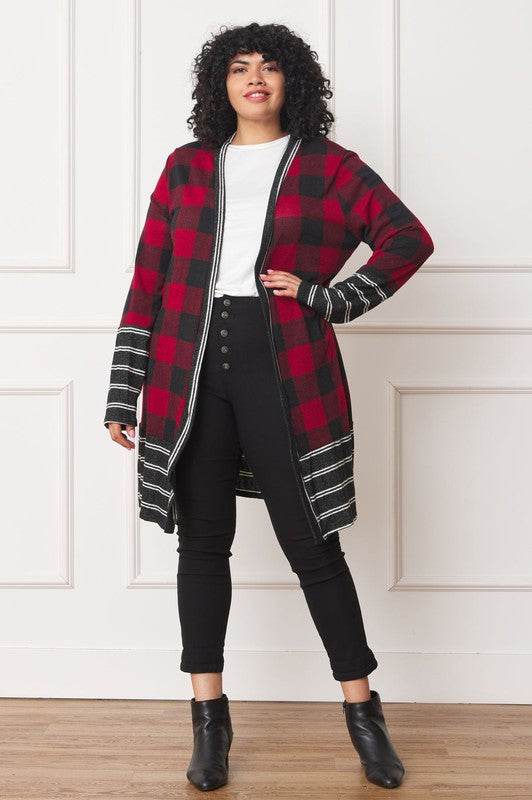 Long Buffalo Plaid Stripe Trim Open Cardigan - DaTrendStore.Com