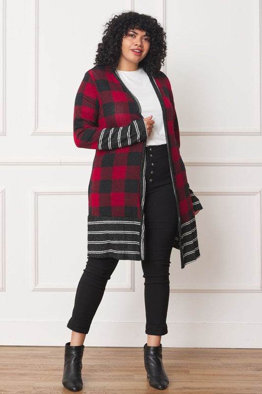 Long Buffalo Plaid Stripe Trim Open Cardigan - DaTrendStore.Com